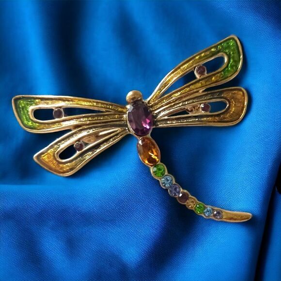 Monet Dragonfly Brooch Pin Vintage Enameled Rhinestones Sparkly Gold Tone Fairy. - Picture 1 of 12